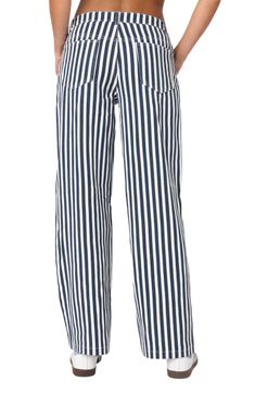 Neat stripes create a vintage-chic aesthetic on these nonstretch wide-leg jeans updated with a low-rise waist. Zip fly with button closure Front scoop pockets; back patch pockets 100% cotton Machine wash, dry flat Imported Spring Bottoms With Contrast Stripes And Straight Leg, Blue Wide Leg Pants With Vertical Stripes, Spring Wide Leg Cotton Pants With Vertical Stripes, Spring Cotton Wide Leg Pants With Vertical Stripes, Chic White Wide Leg Pants With Vertical Stripes, Casual Wide Leg Pants For Work, Striped Wide Leg Cotton Bottoms, Striped Cotton Wide Leg Bottoms, Casual Striped Wide Leg Work Pants