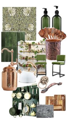 a collage of green and gold items including vases, sink, chair, wallpaper