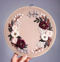 a hand holding up a embroidery hoop with flowers on it