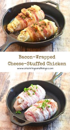 bacon wrapped cheese - stuffed chicken in a cast iron skillet