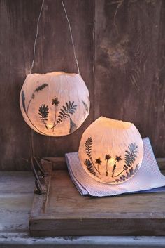 two paper lanterns with flowers on them sitting on top of a piece of wooden plank