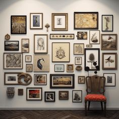 a chair sitting in front of a wall filled with framed pictures and other art on it