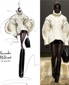 a fashion sketch and an illustration of a woman's outfit on the catwalk