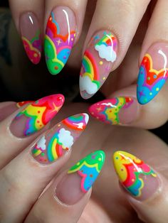 HAPPY PRIDE !!! god tier pride nails ~ 🌈  #pridenails #pridemonth #nailart #brightnailcolors #happypridemonth Rainbow Christmas Nails, Cute Aesthetic Nail Designs, One Finger Nail Art, Clowncore Nails, Nostalgia Nails, Kidcore Nails, Lisa Frank Nails, Graphic Nail Art, Unique Nail Ideas