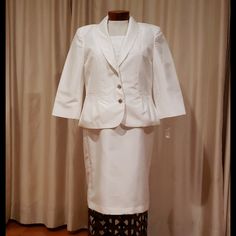 White 2 Piece Suit With Rhinestone Buttons. Skirt Below The Knee. White Fitted Skirt Suit For Office, Fitted White Skirt For Formal Occasions, Elegant White Fitted Skirt, Elegant White Skirt Suit For Work, Fitted White Skirt Suit, Elegant Fitted Formal Skirt, Elegant Fitted Skirt For Formal Occasions, Tailored White Skirt Suit For Wedding, Fitted White Skirt Suit For Formal Occasions