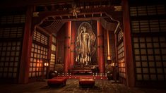 the interior of a japanese temple with an altar