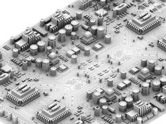 an electronic circuit board with many different buildings and towers on it's sides, all in black and white