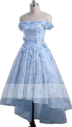 Light Blue Knee-length Prom Dress, Off-shoulder Lace Prom Dress, Off-shoulder Lace Dresses For Prom, Off-shoulder Lace Dresses For Prom Season, Lace Off-shoulder Dresses For Prom Season, Short Sleeve Lace Dress For Prom, Short Sleeve Lace Dress For Prom Season, Lace Evening Dress For Spring Prom, Lace Short Sleeve Dress For Prom Season