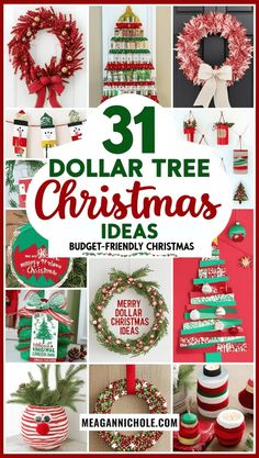 dollar tree christmas decorations and wreaths are featured in this collage