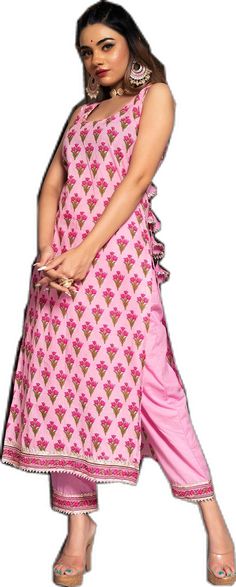 Pink Floral Print Palazzo Set For Navratri, Traditional Pink Floral Print Kurta, Pink Floral Print Straight Kurta Traditional Wear, Traditional Pink Kurta With Floral Print, Pink Floral Print Palazzo Set For Festivals, Pink Block Print Palazzo Set For Navratri, Pink Printed Sets For Diwali, Transitional Pink Kurta With Printed Motifs, Pink Floral Print Kurta For Diwali