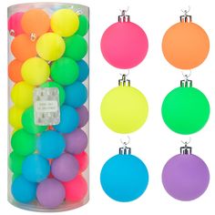 neon colored plastic balls in a clear container and hanging ornament for christmas tree decorations