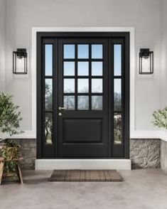 a black front door with two potted plants