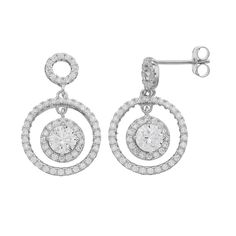 Spice up your jewelry collection with these sterling silver dangle earrings. With 3 halo hoops beautifully adorned in cubic zirconia, these earrings add a unique and sophisticated touch to any outfit. Click on this JEWELRY & WATCHES GUIDE to learn about fit, styles, materials and more! Spice up your jewelry collection with these sterling silver dangle earrings. With 3 halo hoops beautifully adorned in cubic zirconia, these earrings add a unique and sophisticated touch to any outfit. Click on thi Dangle Hoop Earrings With Halo Design In Cubic Zirconia, Dazzling Dangle Earrings With Halo Design, Halo Dangle Earrings For Anniversary, Diamond White Dangle Earrings With Halo Design, Brilliant Cut Cubic Zirconia Dangle Earrings, Round Cubic Zirconia Bridal Earrings With Halo Design, Bridal Round Cubic Zirconia Earrings With Halo Design, Fine Jewelry Cubic Zirconia Hoop Earrings With Halo Design, Sterling Silver Dangle Earrings With Halo Design