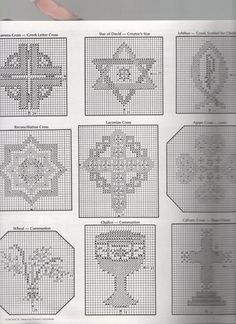 the cross stitch pattern is being held up by a person's hand, with several different designs on it