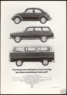 an old advertisement for the vw bus shows three different types of cars in black and white