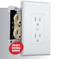 an electrical outlet with the words covers existing outlets on it's side and in front of