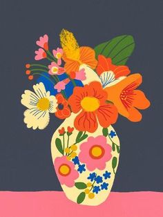 a painting of flowers in a vase on a pink and blue table cloth, against a black background