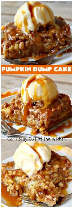 pumpkin dump cake with ice cream on top and caramel drizzled on top