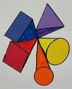 an abstract painting with different colors and shapes on it's white background, in the style of cubism