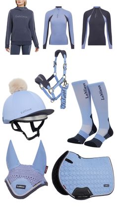 several different types of equestrian clothing and accessories