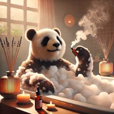 a stuffed panda bear sitting on top of a bath tub filled with bubbles