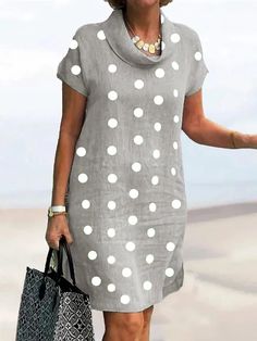 Polka Dot Dress Summer, Dot Print Dress, Grey Midi Dress, Midi Shift Dress, Cotton Linen Dresses, Cotton Blends Dress, Straight Dress, Vestido Casual, Sierra Leone