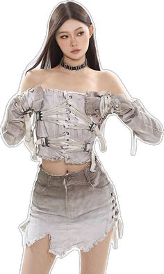 Distressed Mini Skirt, Skirt Matching Set, Ombre Brown, Detachable Sleeves, High Waist Denim, Brown Ombre, Denim And Lace, Sleeveless Crop Top, Runway Models