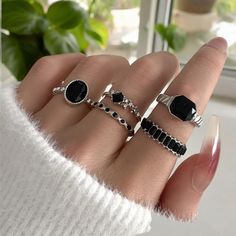 🖤✨ Gothic Black Stone Ring Set ✨🖤 Unleash your dark elegance with our Gothic Black Stone Ring Set. Perfect for those who love unique, gothic, and punk jewelry, this striking set features bold black stones set in intricate, dark-themed designs. Each piece exudes a cool and mysterious vibe, making it a must-have for anyone with a taste for the unconventional. Elevate your style with this captivating and edgy ring set. Each order comes with the 5 rings you see in the picture. Pick between Gold or Black Crystal Ring, Ring Sets Boho, Rhinestone Ring, Anklet Jewelry, Vintage Crystal, Green Crystals, Types Of Rings, Crystal Rings, Black Crystals