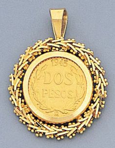 14K Gold Bola Coin pendant measuring 20mm W x 26mm H including hook; features a 14mm bezel set 22K 2 Pesos Coin with 3mm Bola frame. Coin Pendant, Bezel Setting, Coin, Ring Size, Fine Jewelry, Pendant, Frame, Gold