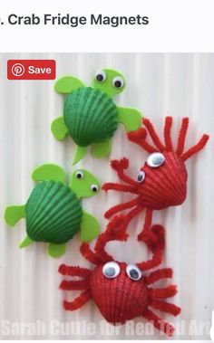 three sea creatures made out of yarn with googly eyes and one crab fridge magnets