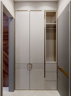 an open door leading into a walk in closet next to a white wall and wooden floor