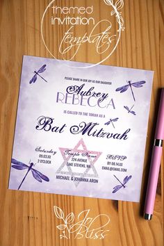 popular purple bat mitzvah invitations, purple glitter dragonflies bat mitzvah paper stationary Fun Invitations, Torah, Invitation Template, Thank You Cards