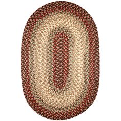 an oval rug with red and beige colors on the bottom, it is made out of ju