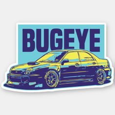 a blue and yellow sticker with the word bugeye on it's side