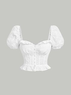 White Boho Collar Short Sleeve Woven Fabric Plain Top Embellished Non-Stretch  Women Clothing Tops For Women Aesthetic, White Top Designs, Pretty Tops For Women, Cute White Tops Blouses, White Boho Top, White Frilly Top, Cottagecore Ruffled Short Sleeve Tops, Dorothy Halloween Costume, Blossom Costumes