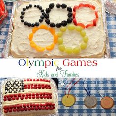 olympic games for kids and families with pictures of cake, medals, and flag on table