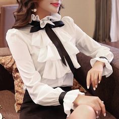 White Ruffle Bow Neck Long Sleeve Chiffon Office Blouse Shirt | Uniqistic.com Casual Chiffon Blouse, Ruffles Blouse, Shiny Blouse, Ruffles Top, Work Wear Office, Clothes Outfit, Casual Long Sleeve Shirts, Retro Mode, White Chiffon