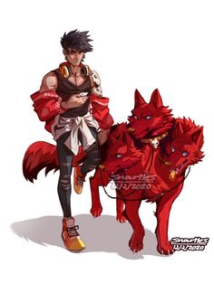 an anime character riding on the back of a red wolf with his arm around him