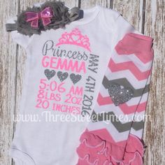 Custom personalized baby stats bodysuit/shirt. Please include a note with all information requested.How adorable is this custom baby outfit! Perfect as a gift, or for your own princess! ❤ Optional leg warmers and matching headband available.❤ I love custom orders, if you don't see what you are looking for feel free to message me.❤ The super sparkly pink and silver glitter is CPSIA certified and safe for children's clothing. This glitter does no flake off at all! ❤ Leg Warmers are one size fits a Customizable Fitted Onesie For First Birthday, Fitted Onesie With Letter Print For First Birthday, Fitted Letter Print Onesie For First Birthday, Personalized Fitted Onesie For Birthday, Personalized Pink Onesie For Birthday, Personalized Pink Onesie For First Birthday, Pink Fitted Onesie For Birthday, Customizable Cute Pink Onesie, Fitted Pink Onesie With Name Print