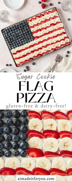 an american flag pizza with blueberries and bananas on it is ready to be eaten