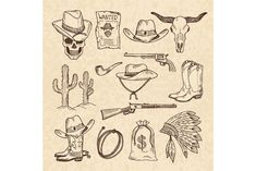 an old western set of hand drawn items