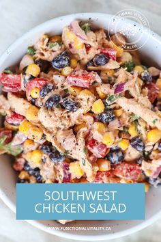 southwest chicken salad in a white bowl with the words southwest chicken salad on top and below it