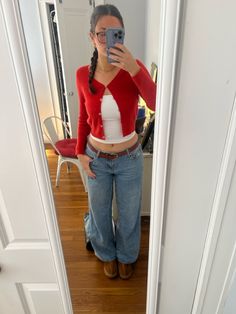 Red cardigan moment Fall Red Aesthetic Outfit, Tiny Cardigan Outfit, Outfits With Red Cardigans, Red Cropped Cardigan Outfit, How To Style A Red Cardigan, Little Cardigan Outfit