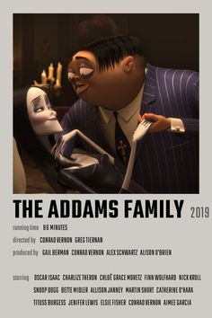 the addams family movie poster with an animated character and a woman in a suit