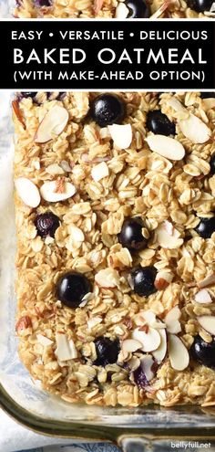 an easy homemade baked oatmeal with blueberries and almonds in a glass baking dish