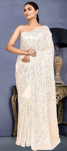 White and Off White color Saree in Georgette fabric with Embroidered, Sequence, Stone, Thread work Wedding Pearl Embroidery Blouse Piece With Traditional Drape, Elegant White Blouse With Cutdana Details, Elegant White Blouse With Cutdana, Elegant White Blouse Piece With Cutdana, White Dupatta With Mirror Work For Reception, Elegant Blouse Piece With Mirror Work For Wedding, Elegant Wedding Blouse Piece With Mirror Work, Elegant Wedding Blouse With Mirror Work, Semi-stitched Wedding Blouse Piece With Pearl Embroidery