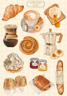 watercolor painting of bread, coffee and other food items