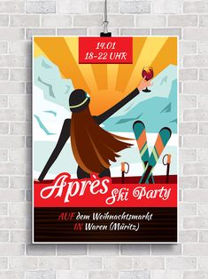 a poster on a brick wall advertising a ski party