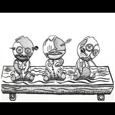 three cartoon characters sitting on top of a bench