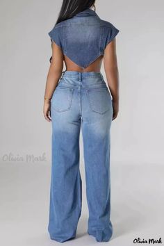 Olivia Mark - Premium High-Waisted Distressed Denim Jeans for a Casual Chic Look Solid Washed Denim Bottoms, Solid Color Washed Denim Bottoms, Light Wash Cropped Denim Bottoms, High Waist Solid Flare Jeans, Summer Cropped Flare Jeans In Medium Wash, Cropped Fitted Flare Jeans Casual Style, Fitted Cropped Flare Jeans For Summer, Fitted Cutoff Casual Jeans, Casual Stretch Cropped Flare Jeans